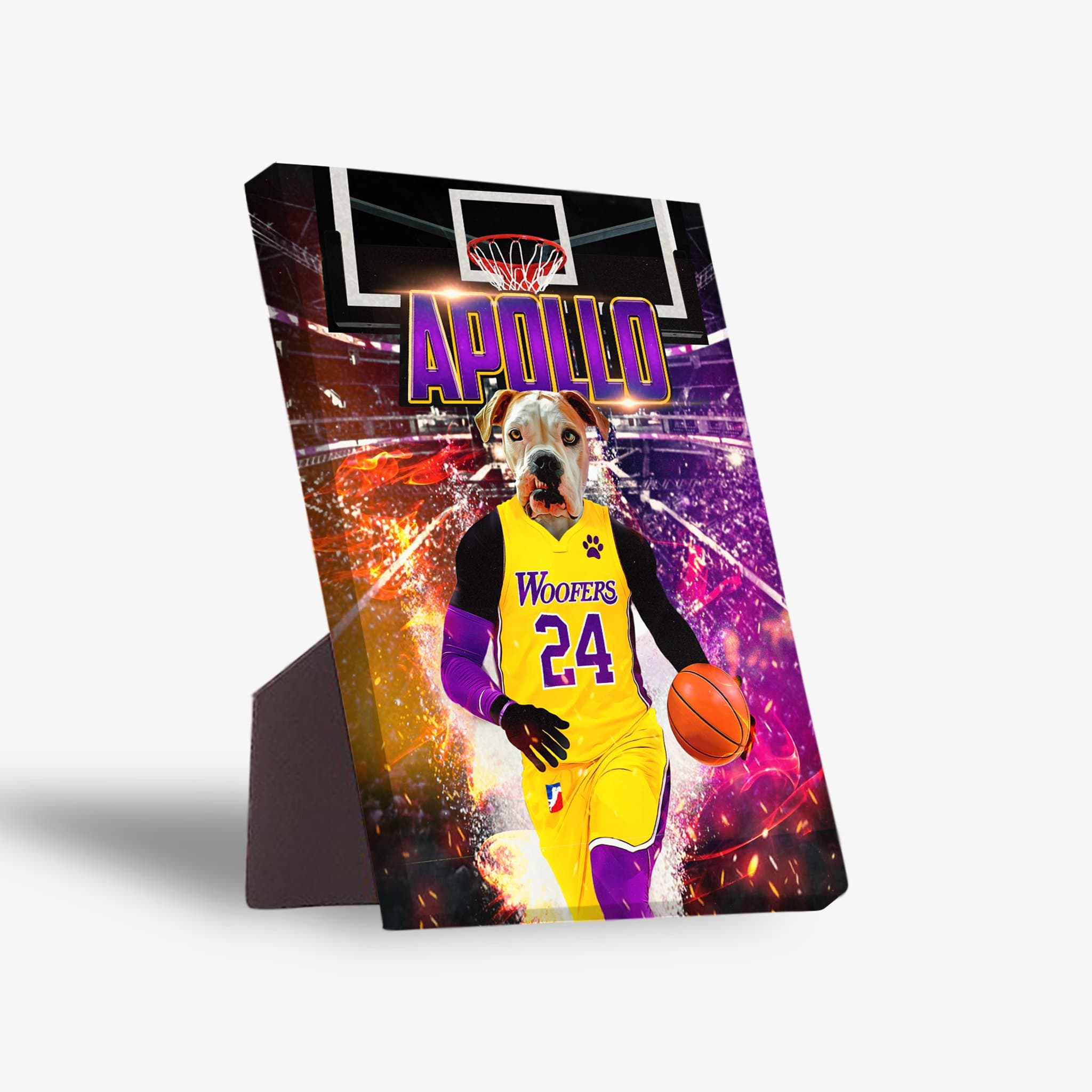 Personalized pet standing canvas featuring a dog in a yellow and purple basketball jersey with "Apollo" and "Woofers 24" on it.