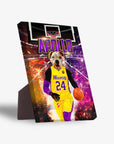 Personalized pet standing canvas featuring a dog in a yellow and purple basketball jersey with "Apollo" and "Woofers 24" on it.