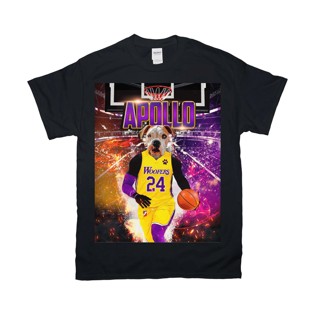Black Gildan t-shirt with a personalized dog in a yellow and purple basketball jersey, holding a basketball.