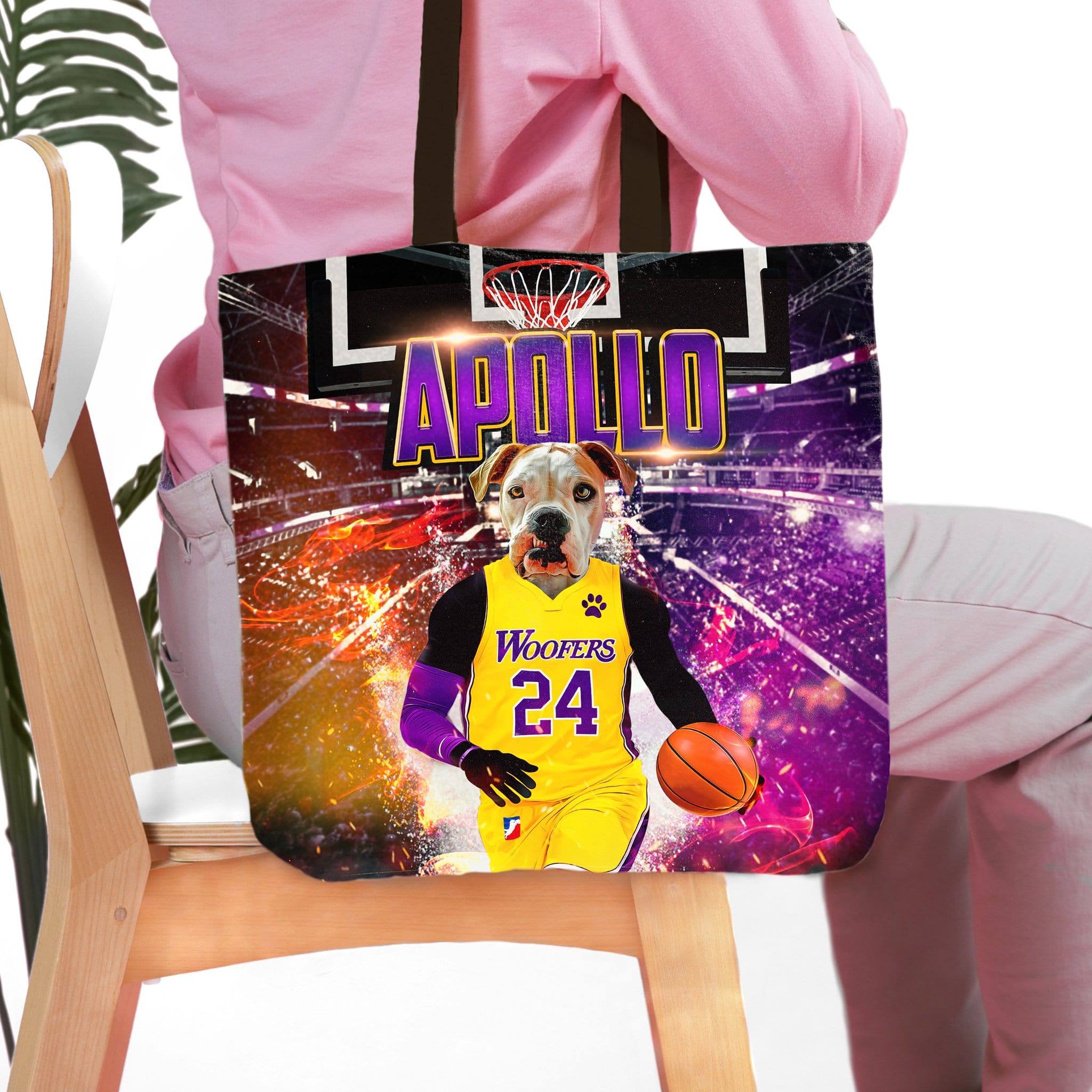 Personalized pet portrait tote bag featuring a bulldog in a yellow basketball jersey.