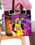 Personalized pet portrait tote bag featuring a bulldog in a yellow basketball jersey.