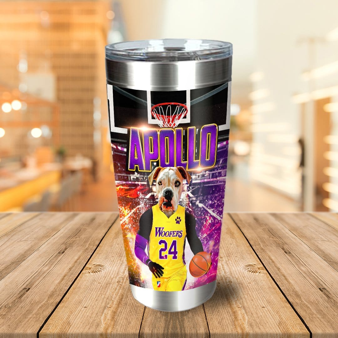 Personalized stainless steel tumbler with a custom dog portrait in a basketball uniform, "Apollo" text.