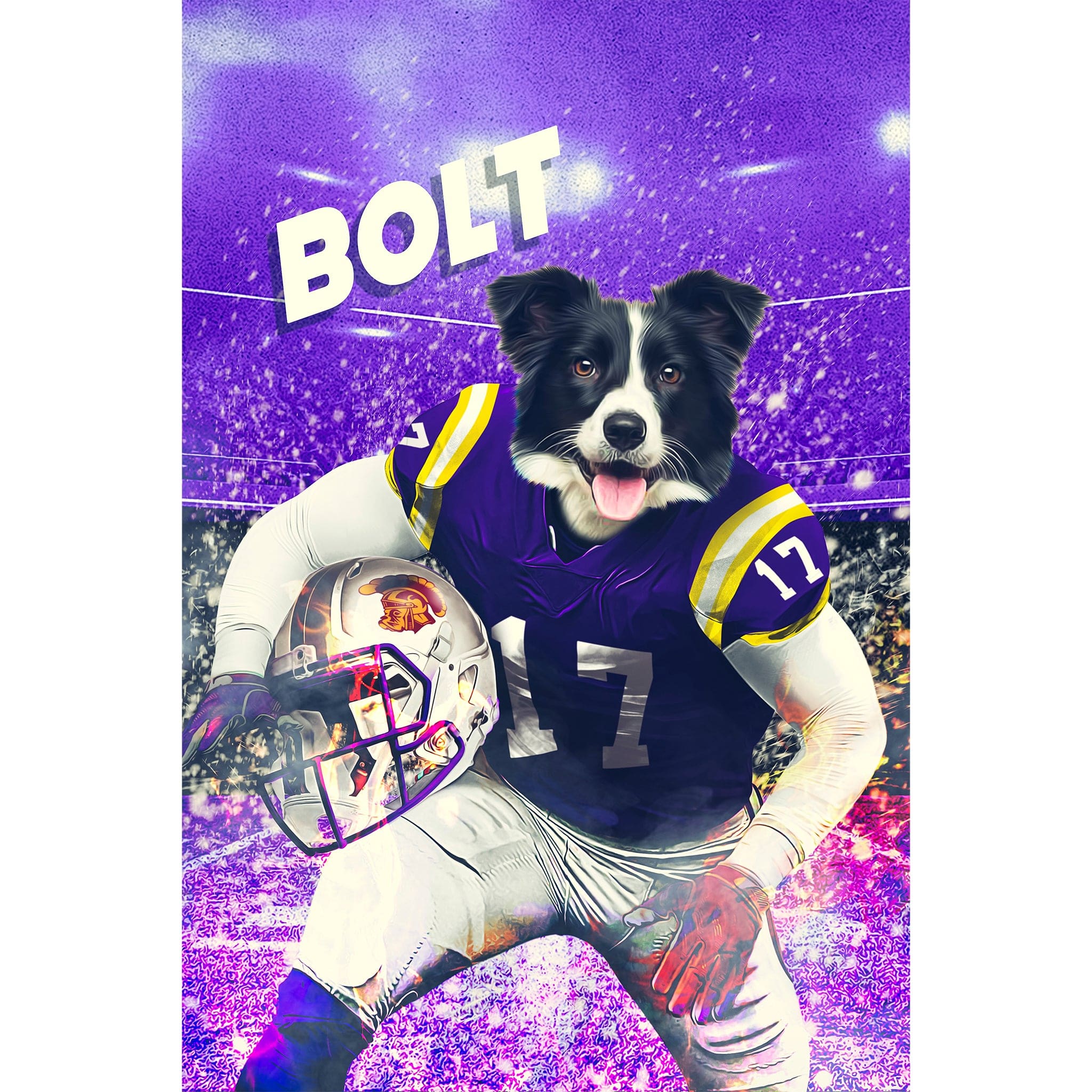 Personalized digital portrait of a Border Collie dog in a purple football uniform with "BOLT" above.