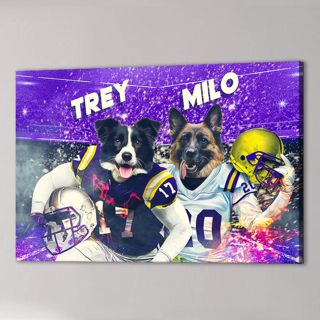 Custom canvas featuring two pets, a Border Collie and a German Shepherd, in purple football jerseys with helmets.