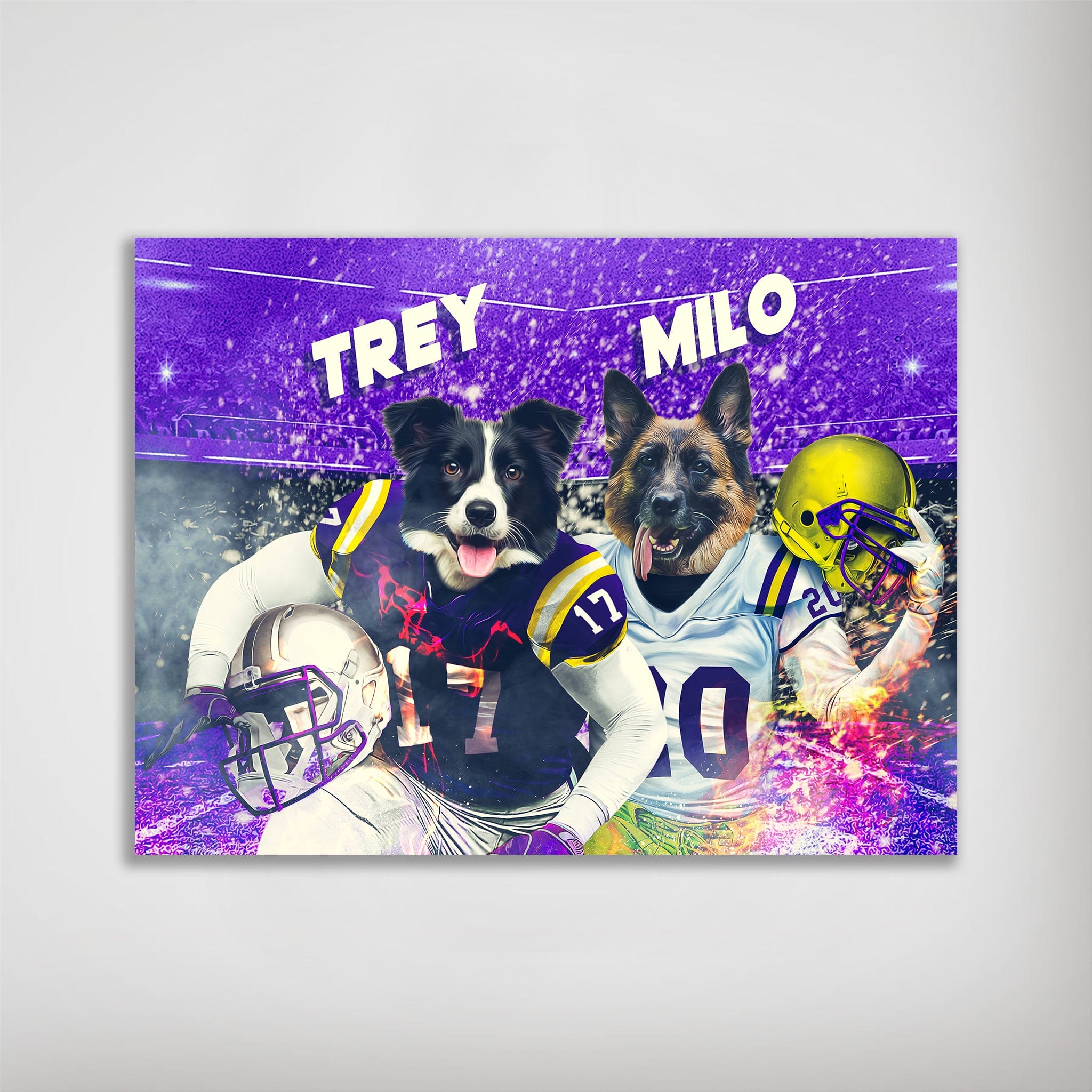 Personalized Louisiana State Doggos poster featuring two pets in football uniforms against a purple stadium backdrop.