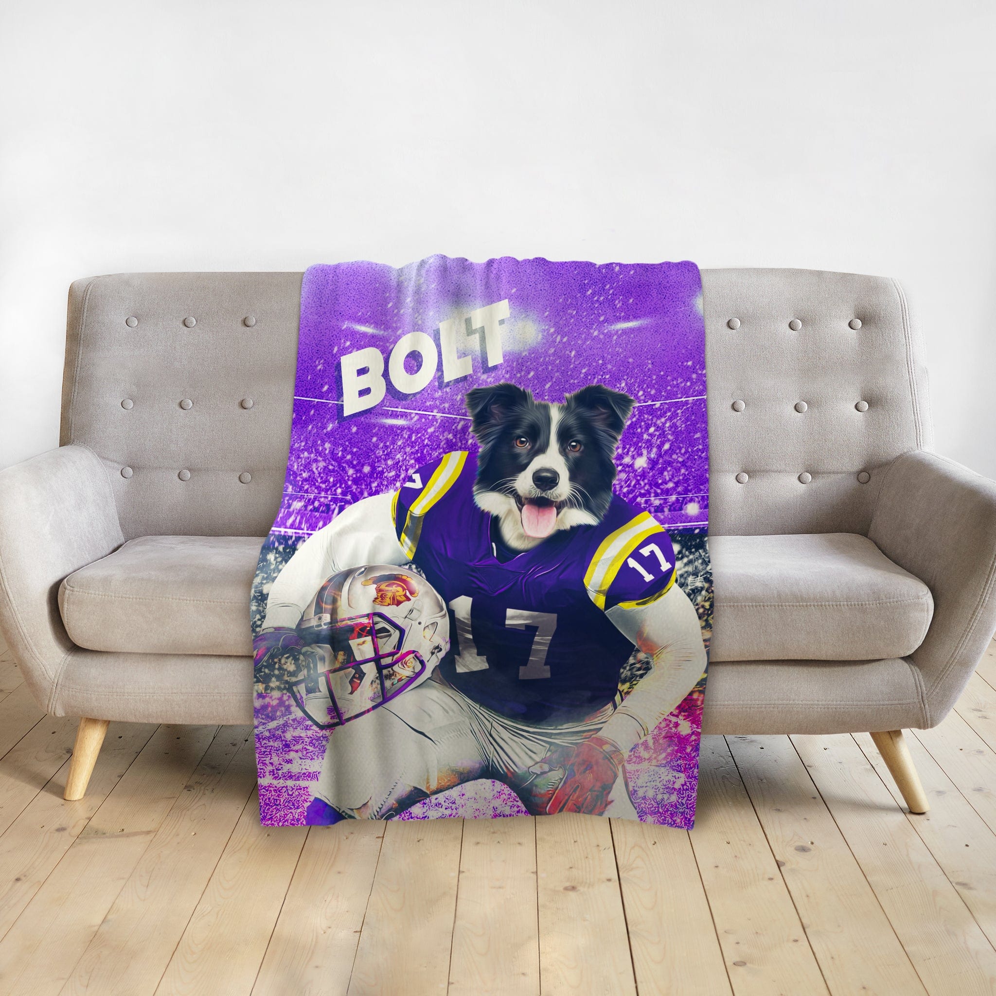 Custom pet portrait blanket featuring a Border Collie in a purple football uniform.