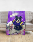 Custom pet portrait blanket featuring a Border Collie in a purple football uniform.