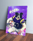 Personalized pet canvas featuring a Border Collie in a purple football uniform, holding a helmet, against a stadium backdrop.