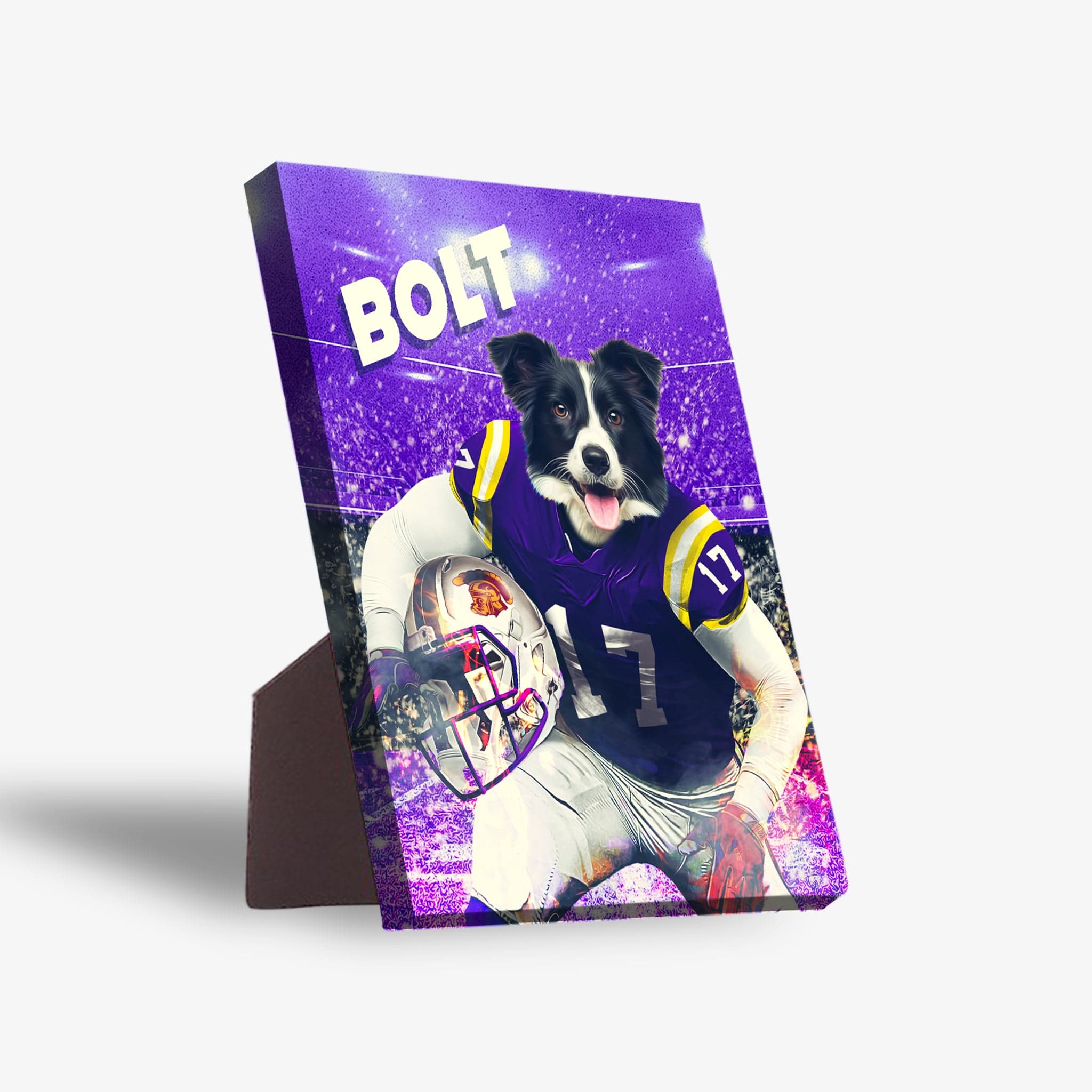 Personalized pet canvas featuring a black and white dog in a purple football uniform, holding a helmet.