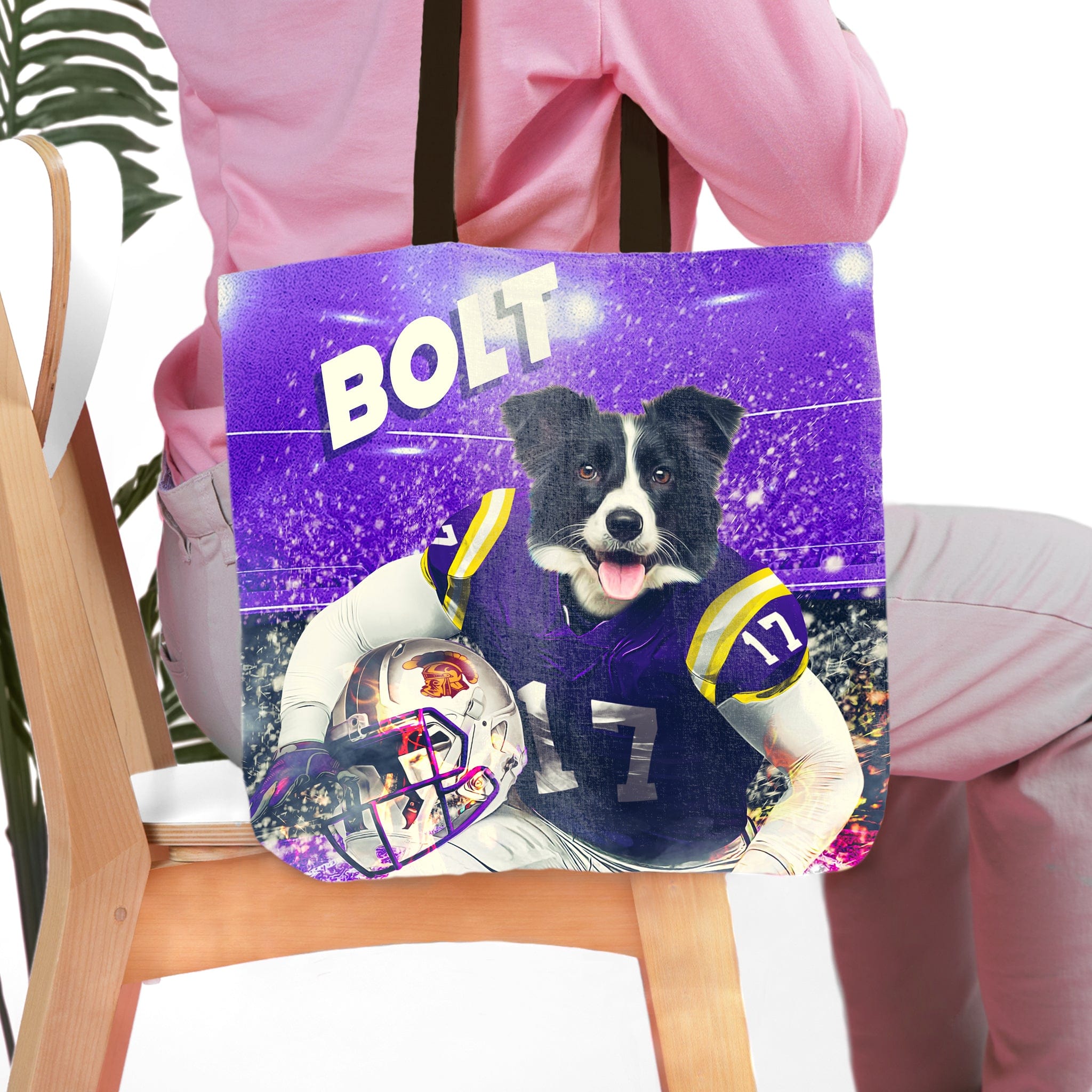 Personalized tote bag with a custom dog portrait in a purple football uniform on a stadium background.