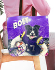 Personalized tote bag with a custom dog portrait in a purple football uniform on a stadium background.