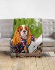 Personalized pet blanket with a Cavalier King Charles Spaniel in a lumberjack outfit holding a chainsaw.