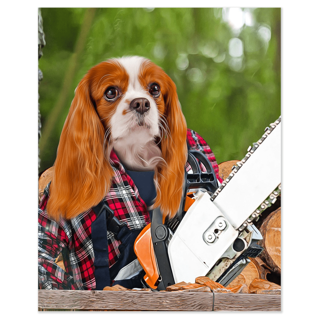Personalized Cavalier King Charles Spaniel "Lumberwoman" pet poster in a red plaid shirt holding a chainsaw.