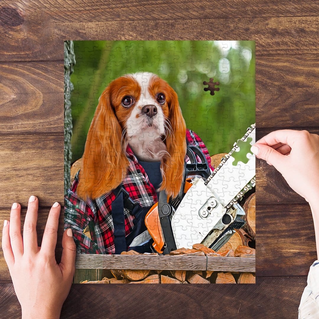 Personalized pet puzzle featuring a Cavalier King Charles Spaniel dressed as a lumberwoman with a chainsaw.