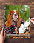 Personalized pet puzzle featuring a Cavalier King Charles Spaniel dressed as a lumberwoman with a chainsaw.