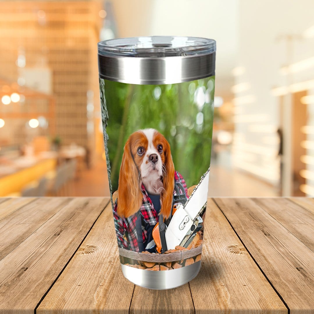 Personalized stainless steel tumbler with a Cavalier King Charles Spaniel as a lumberwoman holding a chainsaw.