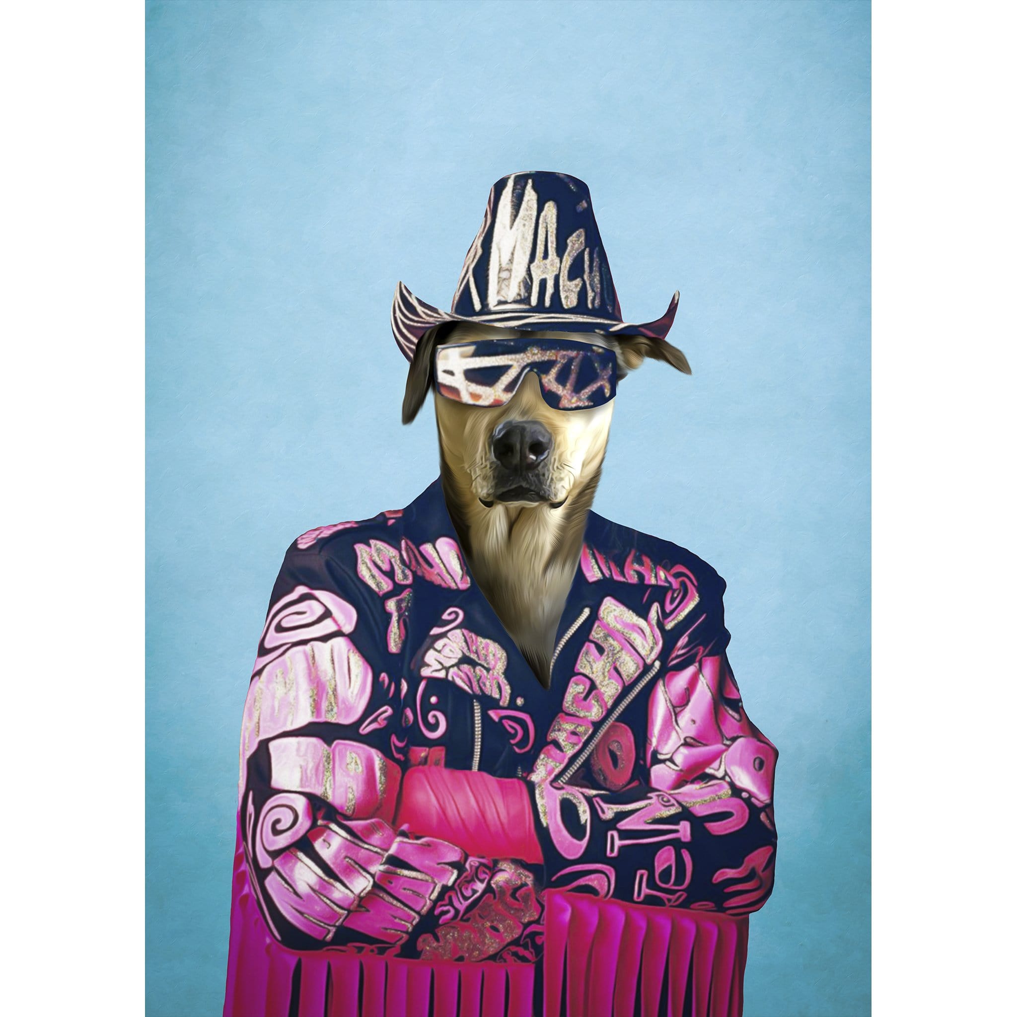 Personalized digital portrait of a dog as Macho Man Randy Savage in a pink and black outfit.