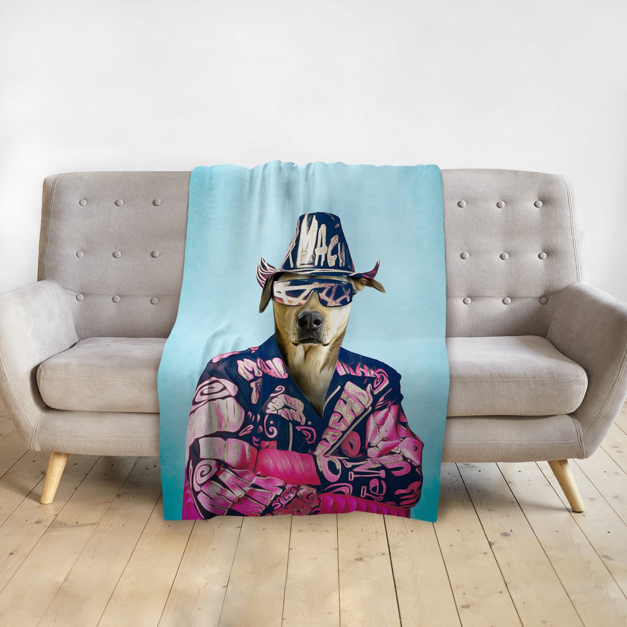 Personalized pet blanket featuring a dog portrait in a "Macho Man Randy Dogger" costume.
