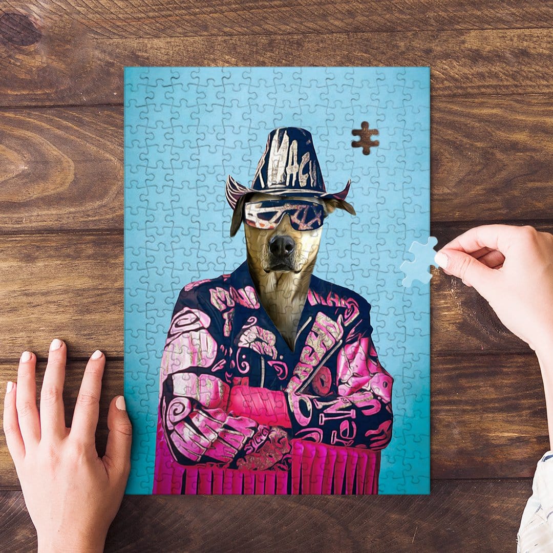 Personalized pet puzzle featuring a dog in a "Macho Man Randy Dogger" costume.