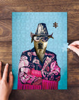 Personalized pet puzzle featuring a dog in a "Macho Man Randy Dogger" costume.