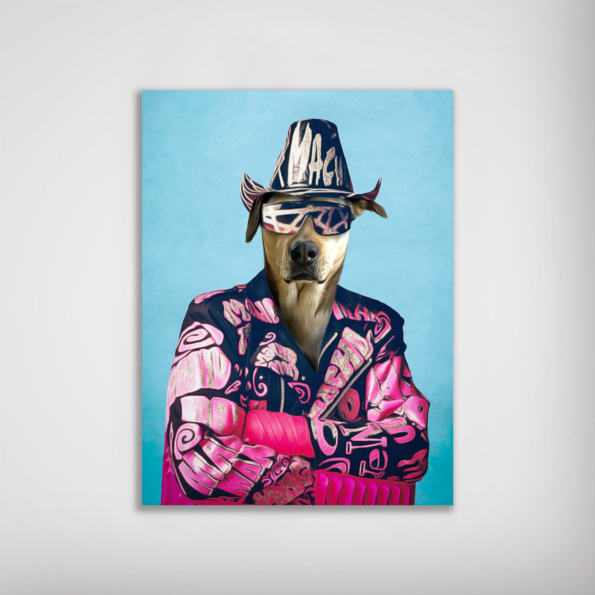 Personalized 'Macho Man Randy Dogger' poster featuring a dog in a black and pink patterned jacket, hat, and sunglasses.