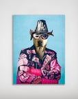 Personalized 'Macho Man Randy Dogger' poster featuring a dog in a black and pink patterned jacket, hat, and sunglasses.