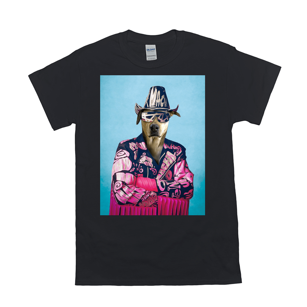 Black Gildan t-shirt featuring a personalized print of a dog dressed as "Macho Man Randy Savage" in pink.