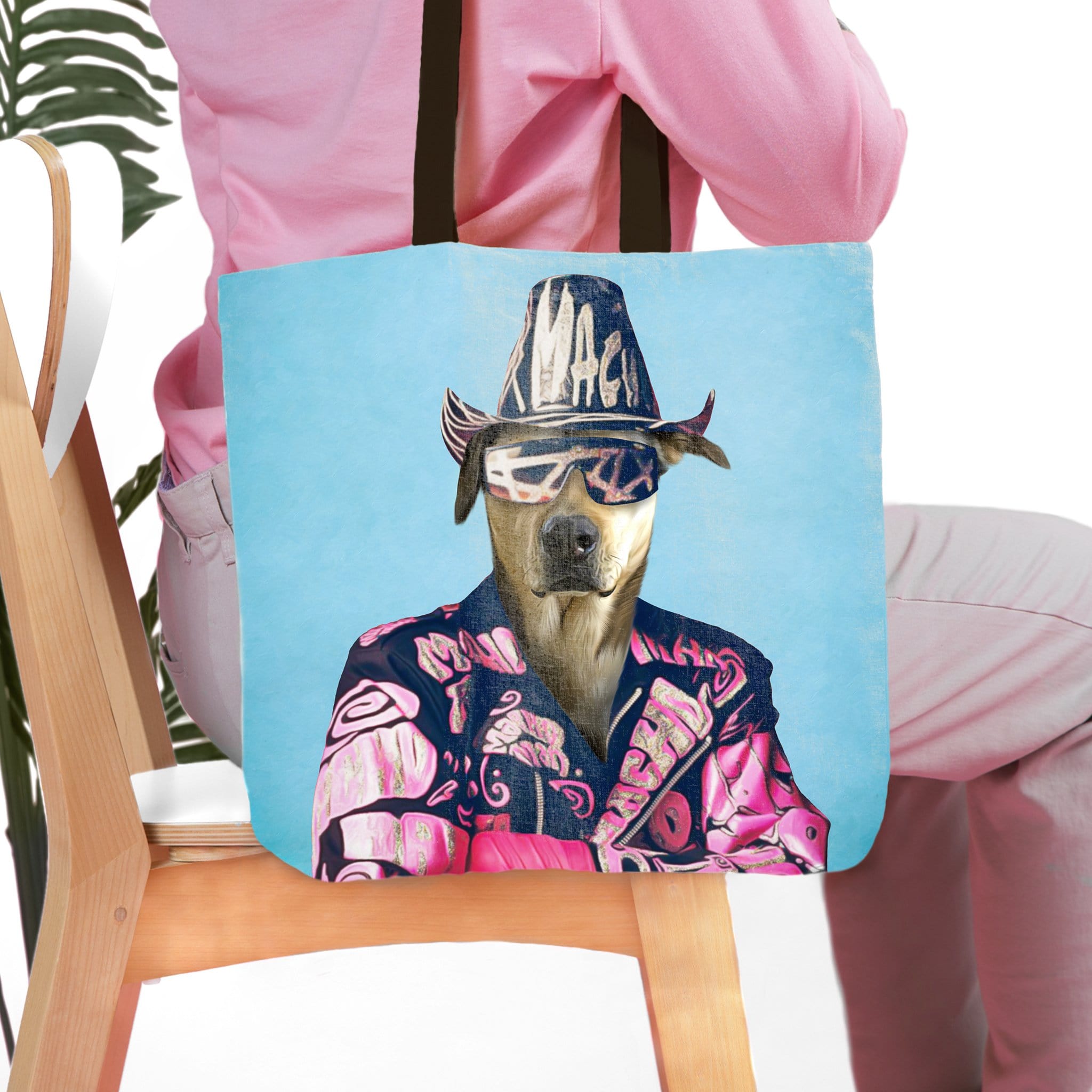 Personalized tote bag with a custom dog portrait in a "Macho Man Randy Doggo" style, featuring a dog wearing a hat and sunglasses.