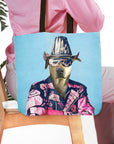 Personalized tote bag with a custom dog portrait in a "Macho Man Randy Doggo" style, featuring a dog wearing a hat and sunglasses.