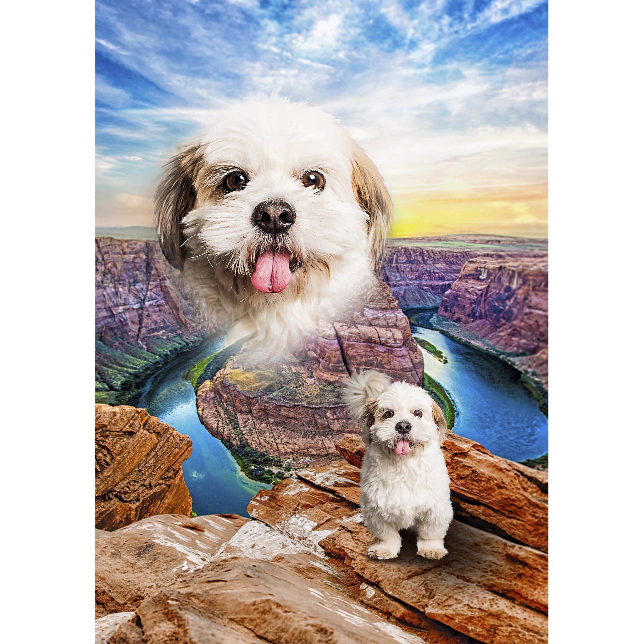 Custom digital portrait of a Shih Tzu dog over a majestic canyon landscape.