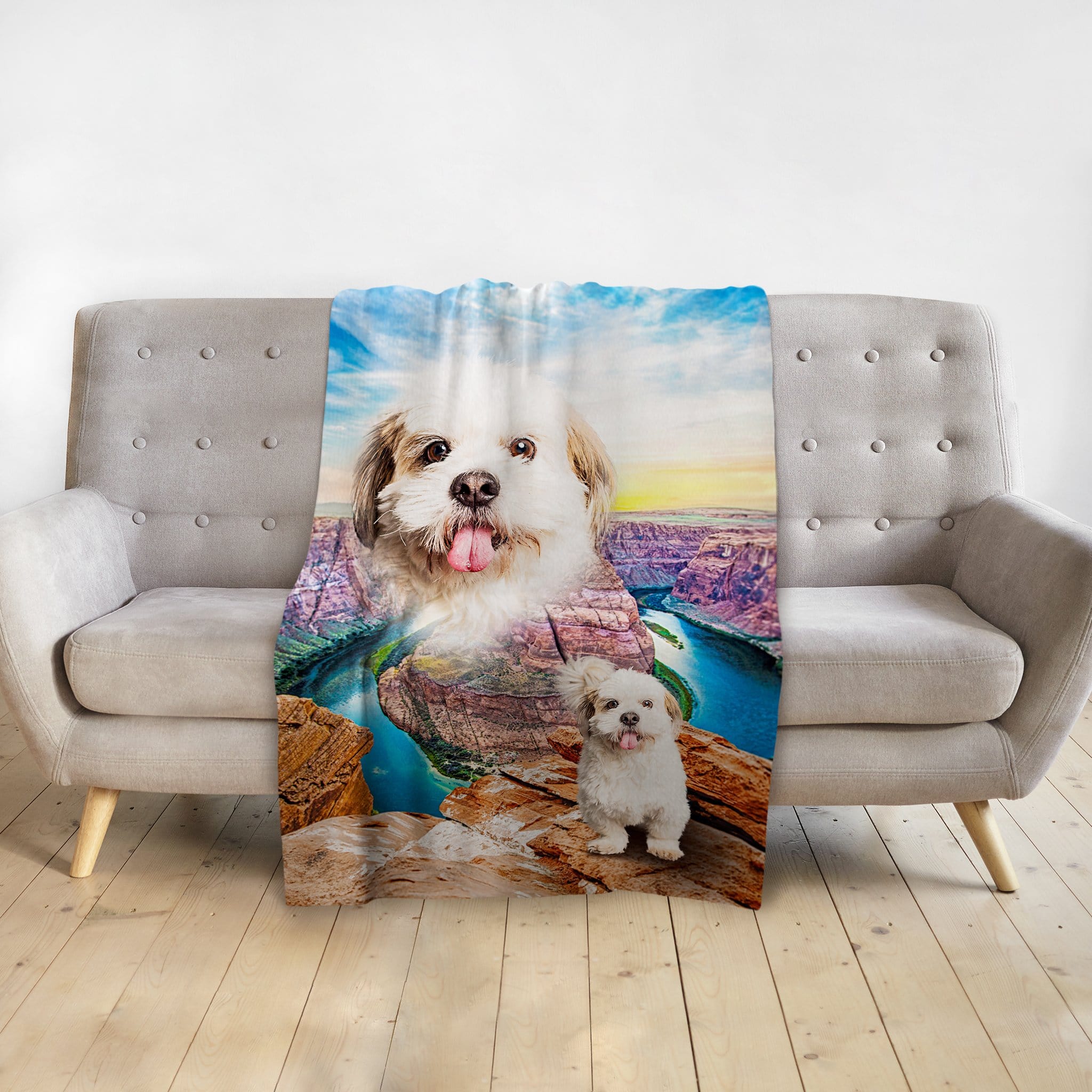 Personalized pet blanket with a dog portrait over a Grand Canyon landscape.