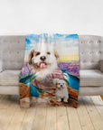 Personalized pet blanket with a dog portrait over a Grand Canyon landscape.