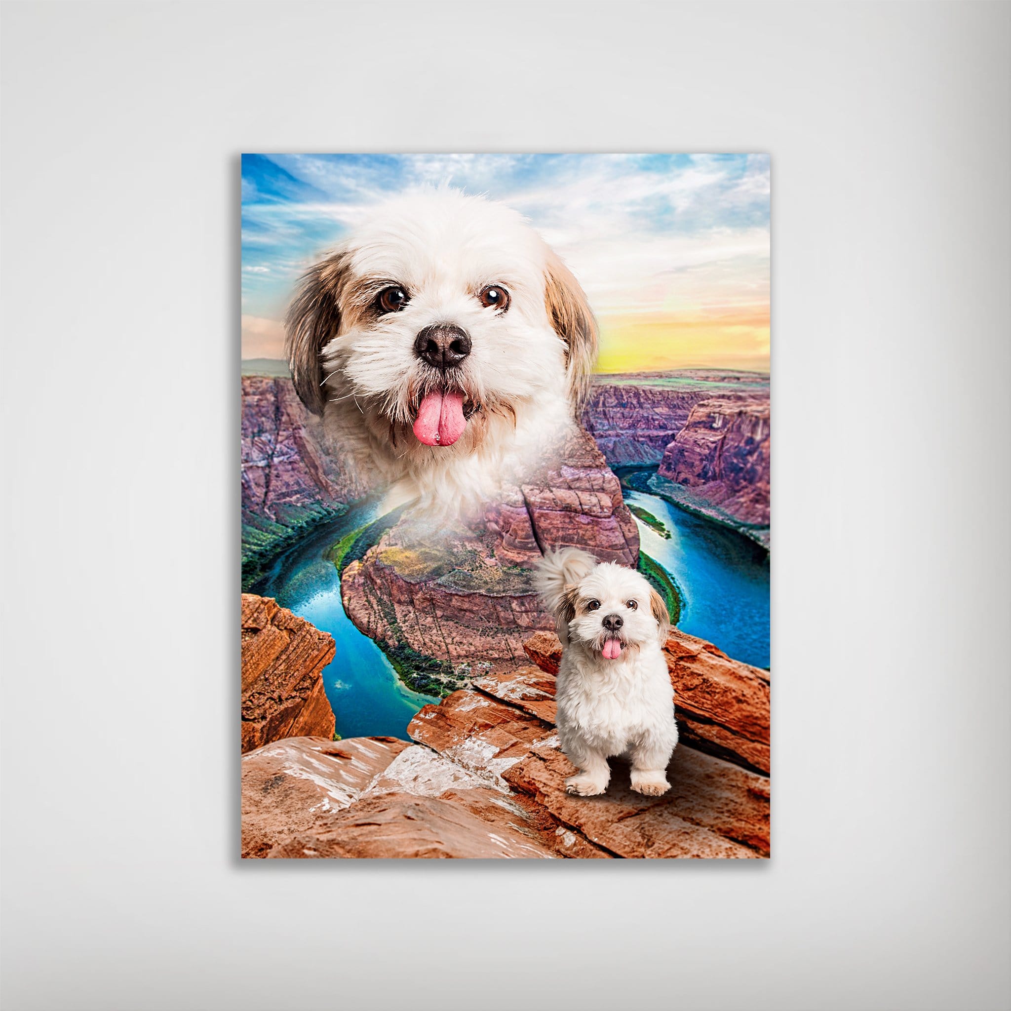 Personalized pet poster featuring a fluffy dog's head levitating over a rocky canyon with a river.