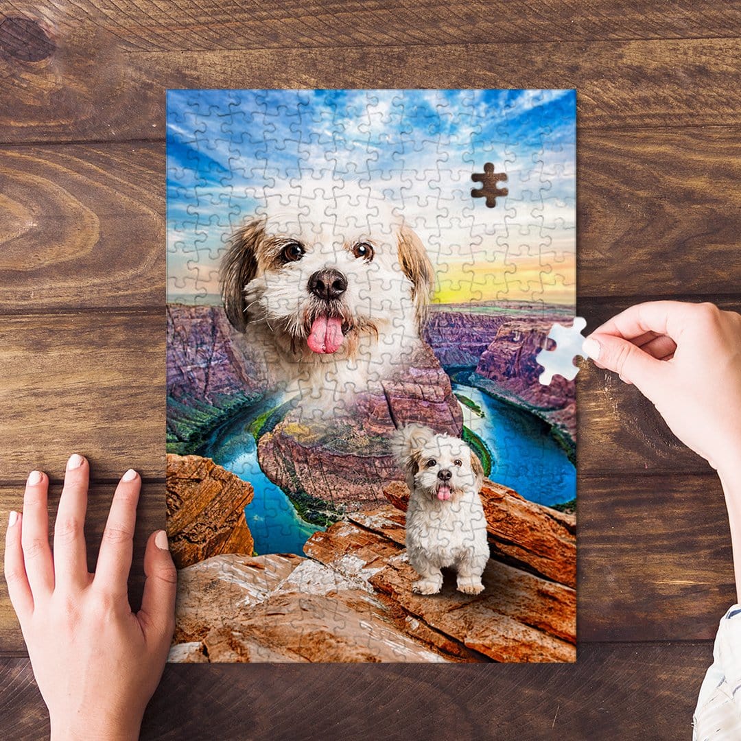 Personalized pet puzzle featuring a Shih Tzu dog portrait over a canyon landscape.