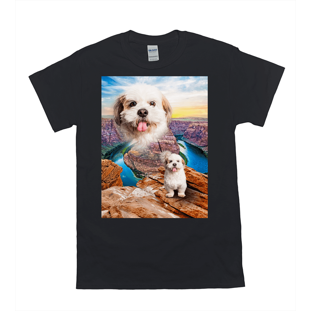 Black Gildan t-shirt with a personalized design featuring a white dog's face above a scenic canyon with a river.