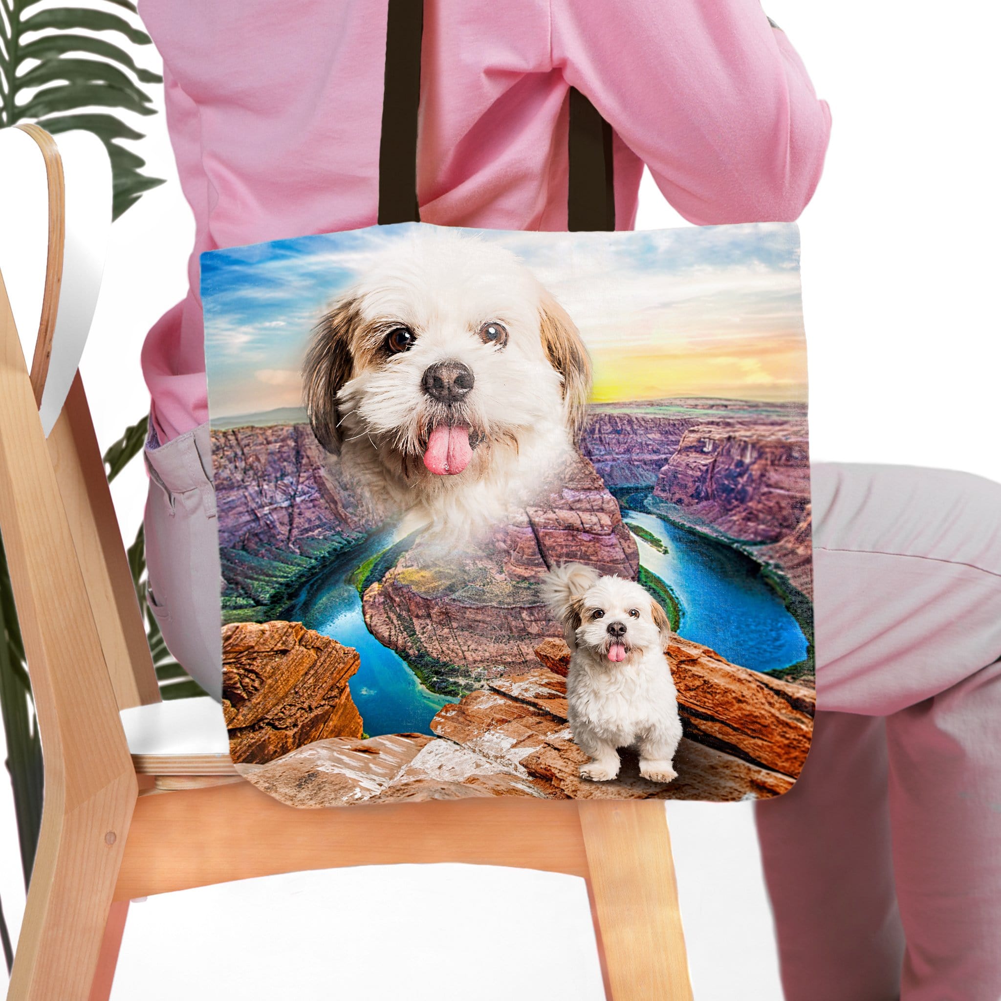 Personalized pet tote bag featuring a Shih Tzu dog portrait over a Majestic Canyon landscape.