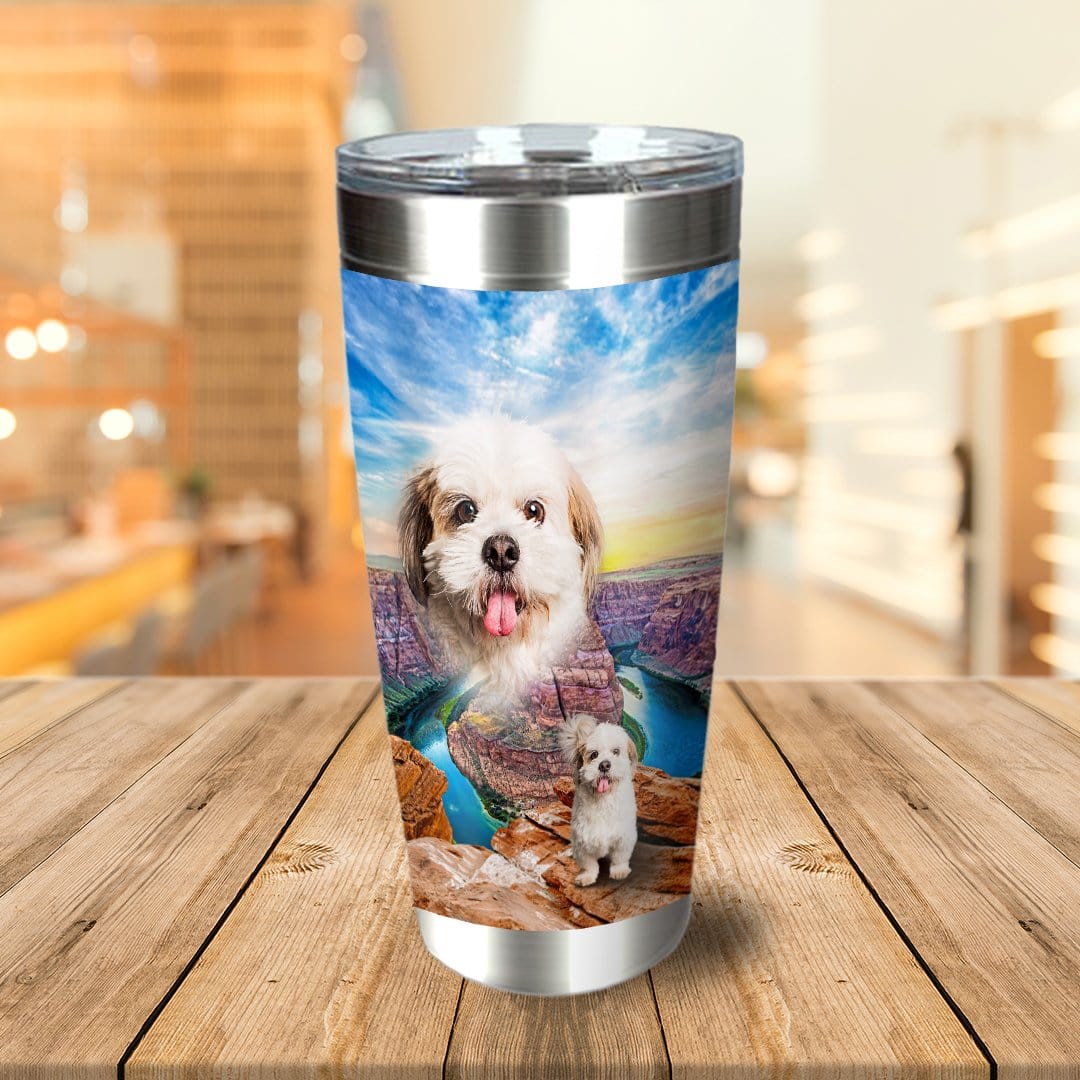 Personalized stainless steel tumbler with a custom dog portrait over a canyon landscape.