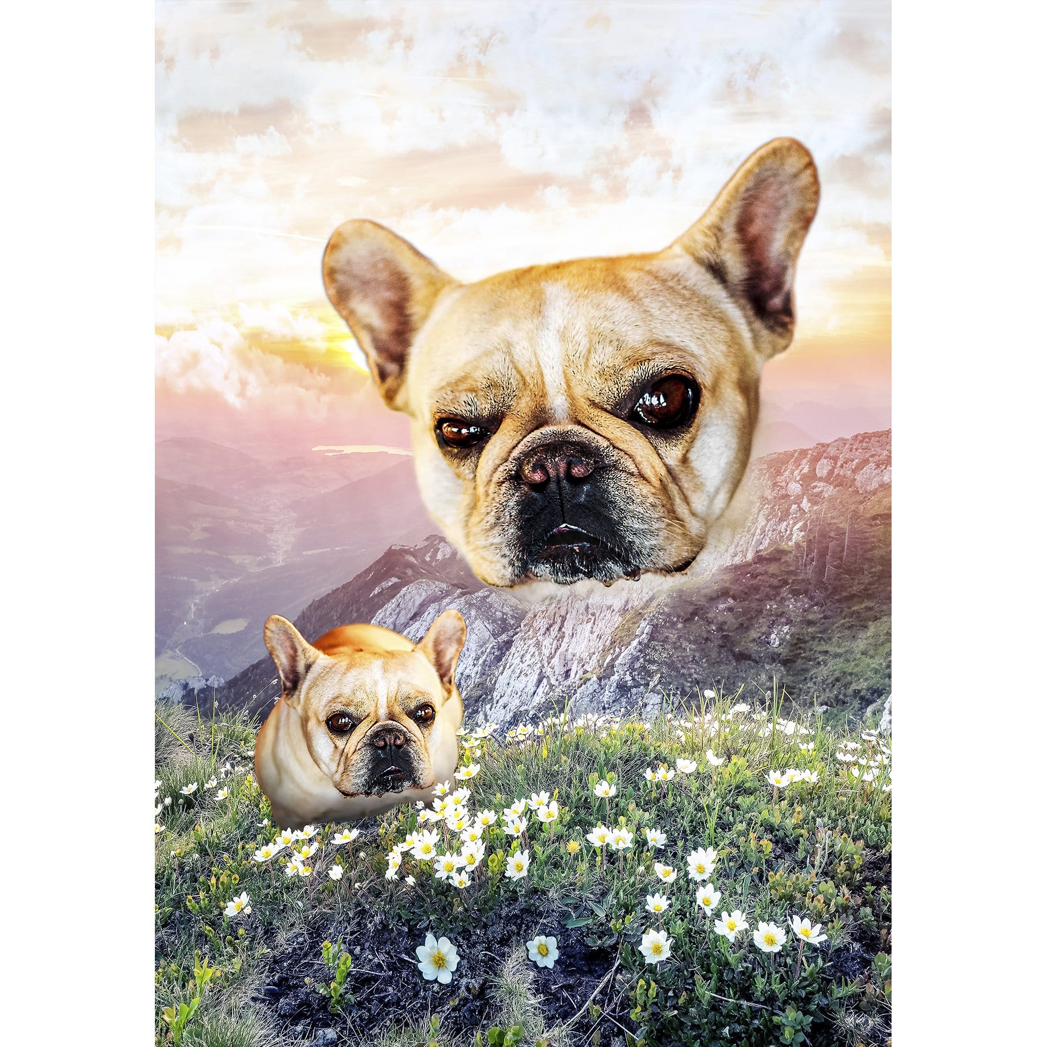 Custom digital portrait of two French Bulldogs in a majestic mountain valley with a sunset sky.