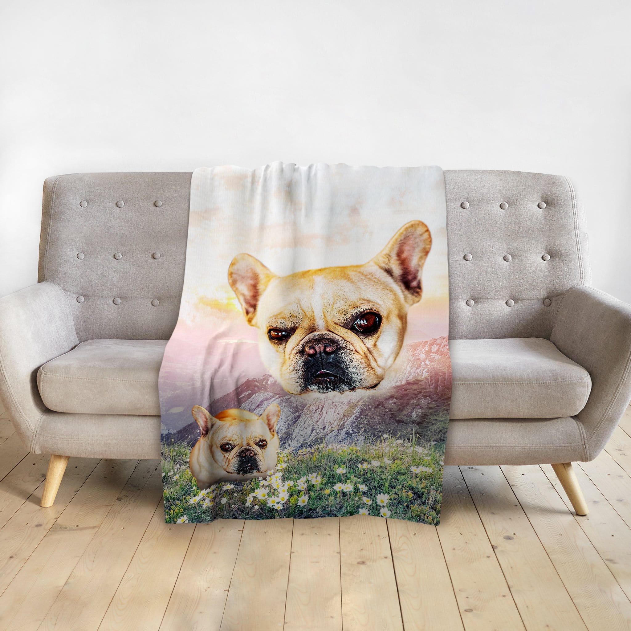 Personalized pet blanket with a French Bulldog portrait in a mountain valley landscape.