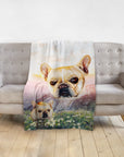 Personalized pet blanket with a French Bulldog portrait in a mountain valley landscape.
