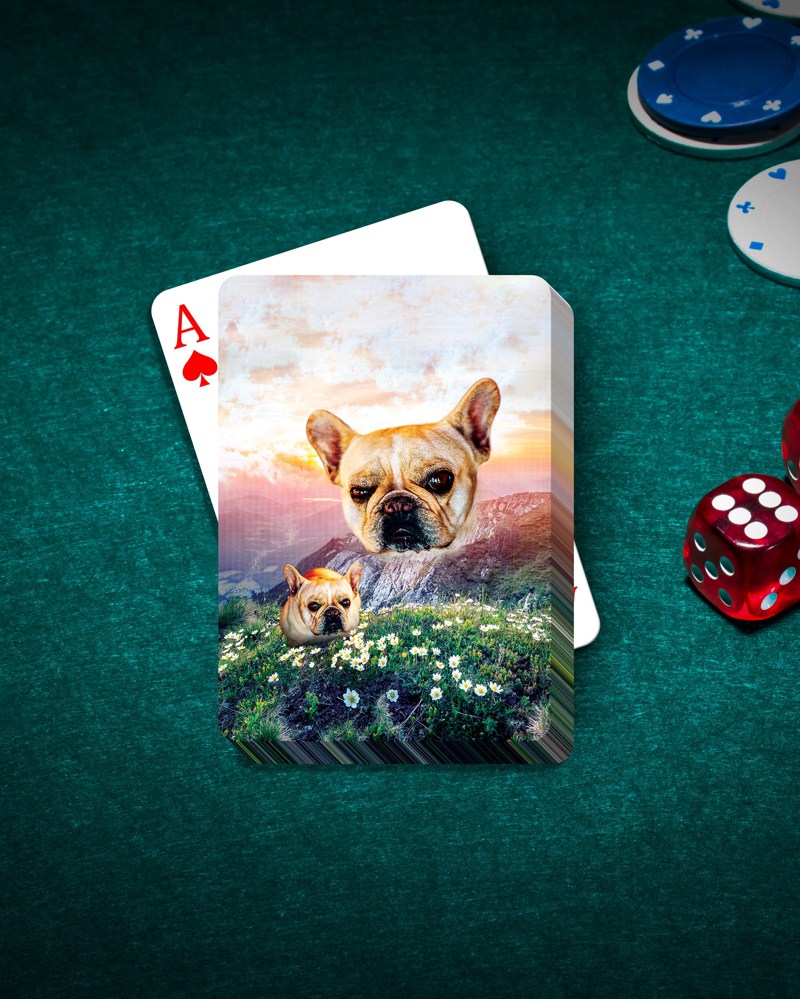 Personalized playing cards featuring two French Bulldog pet portraits in a mountain valley scene.
