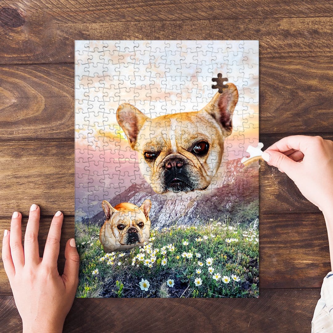 Personalized pet puzzle featuring two French Bulldogs in a mountain valley landscape, with hands assembling pieces.