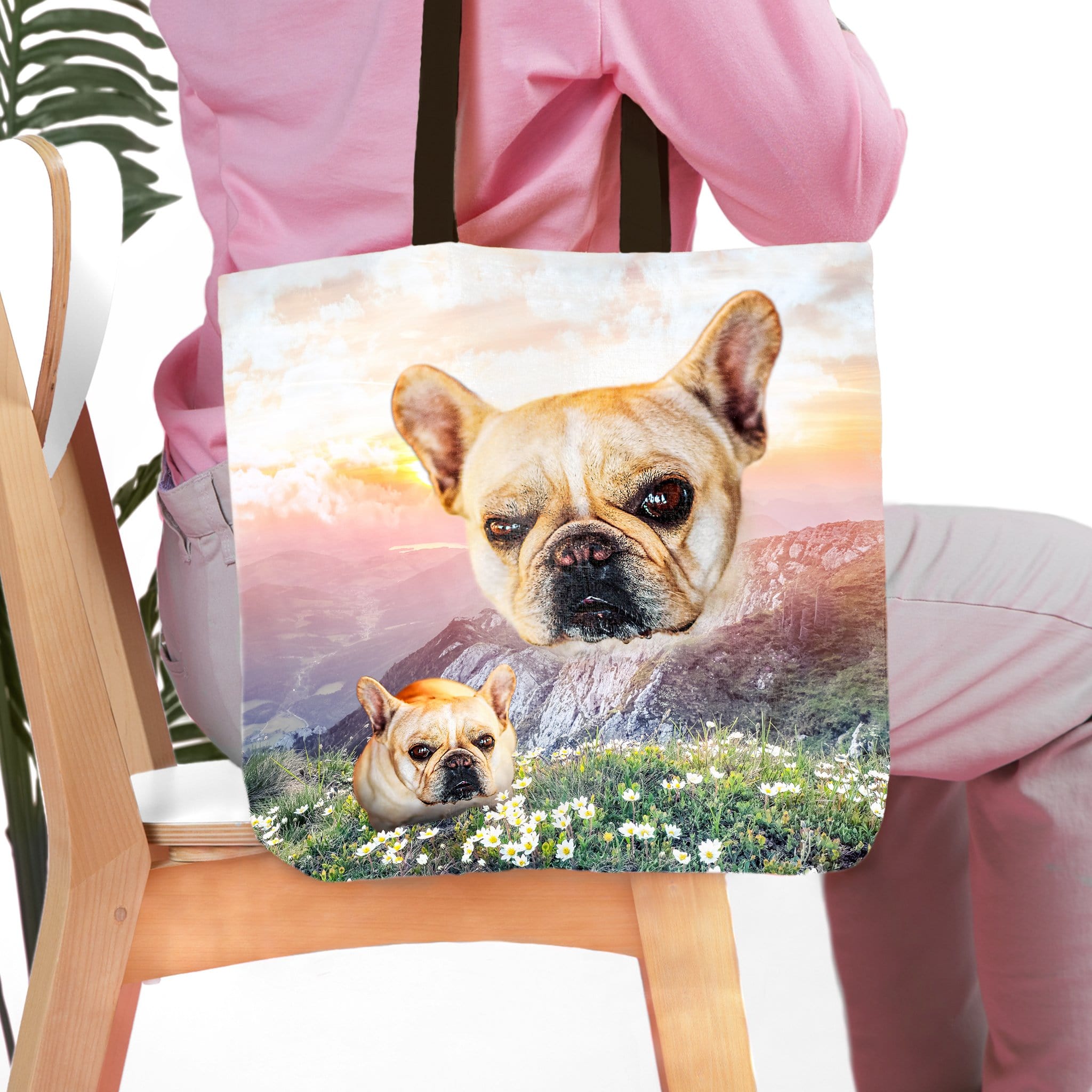 Personalized pet tote bag with two French Bulldog portraits over a mountain valley sunset.