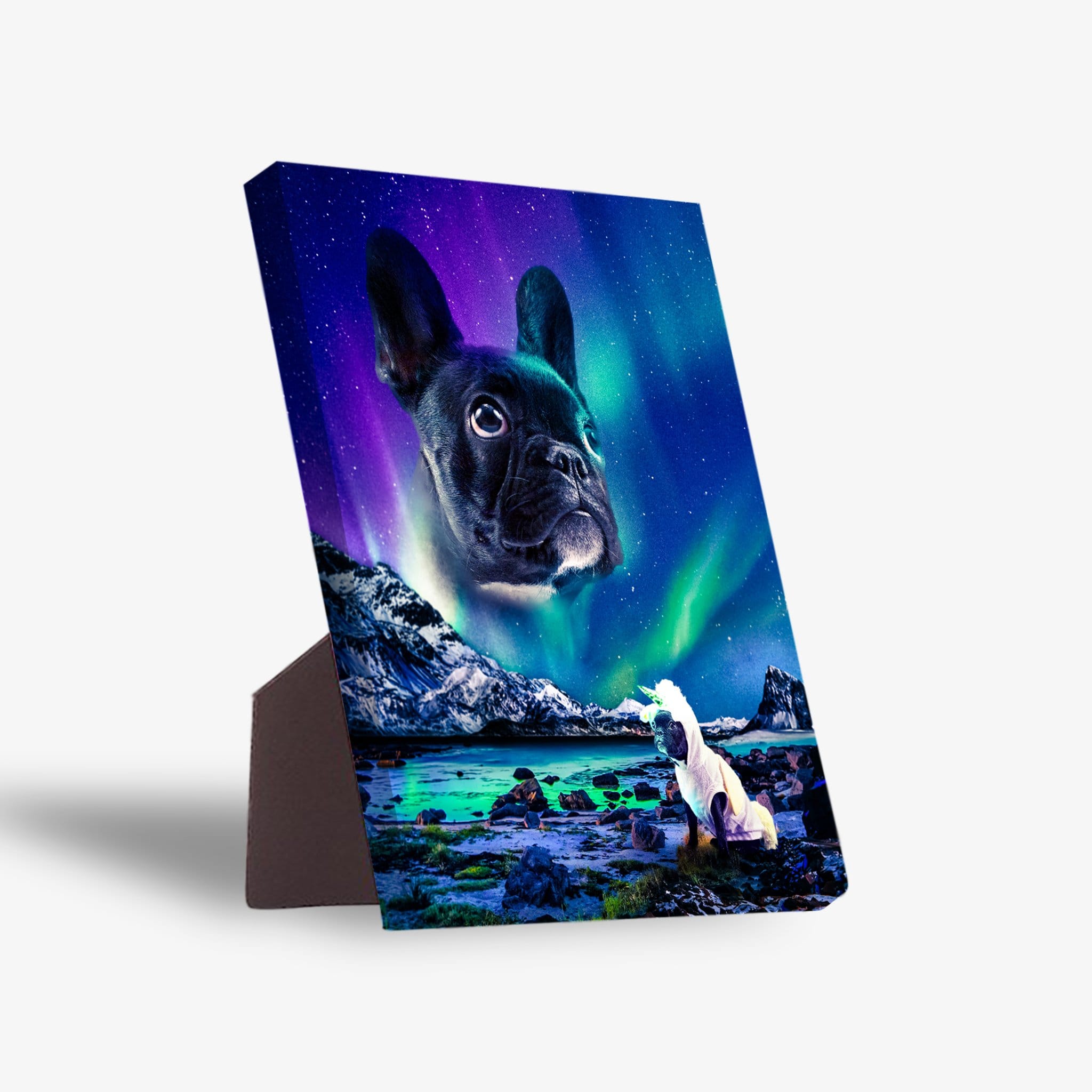 Personalized pet standing canvas featuring a black French Bulldog's head against a vibrant Northern Lights sky.