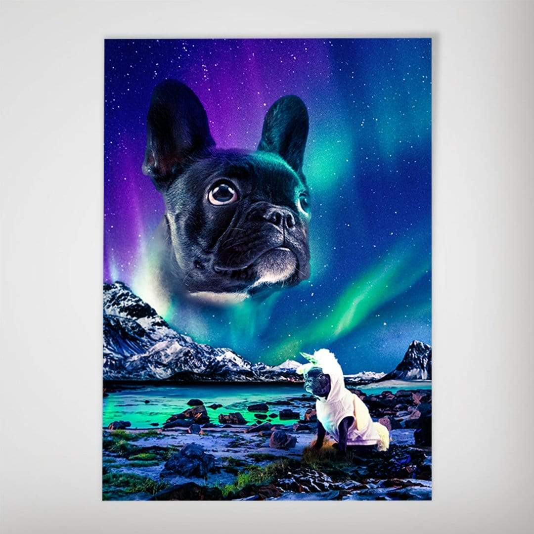 Personalized poster with a black French bulldog's head floating over a Northern Lights landscape.