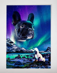 Personalized poster with a black French bulldog's head floating over a Northern Lights landscape.