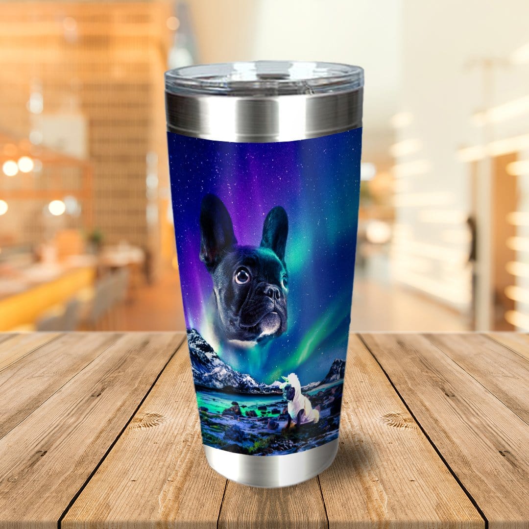 Personalized stainless steel tumbler with a French Bulldog portrait against a Northern Lights background.