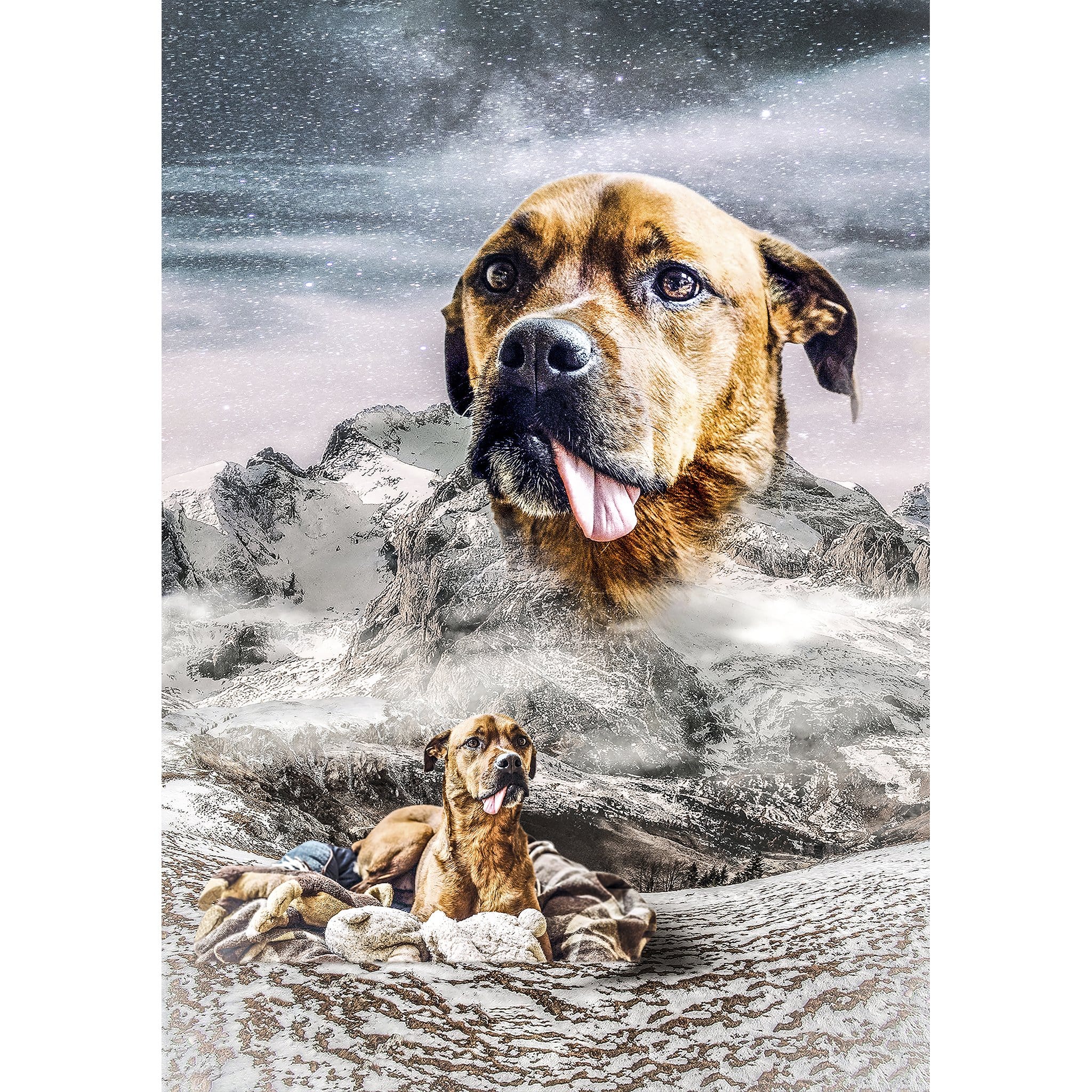 Custom digital portrait of a brown dog's head above snowy mountains, with the dog resting below.