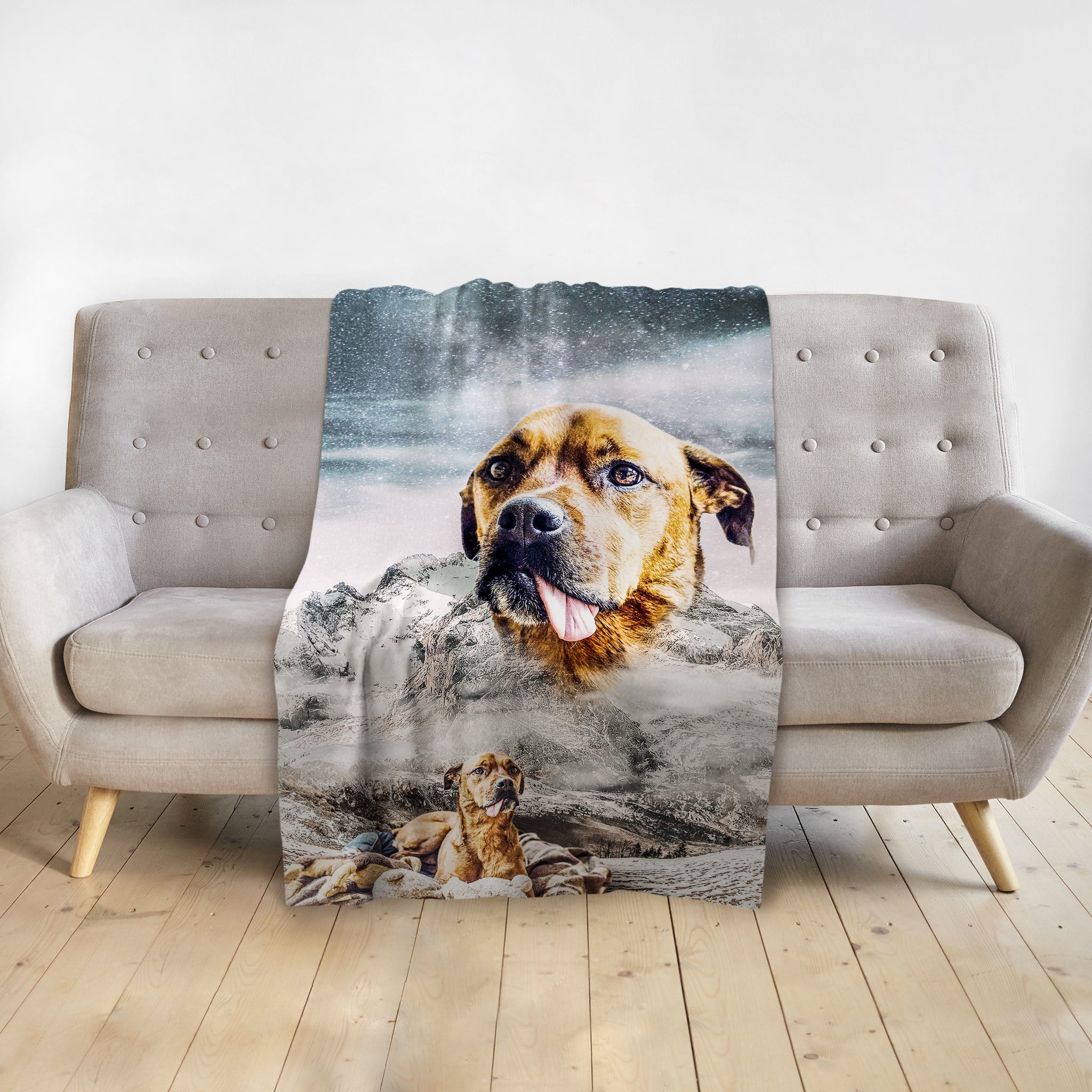 Personalized pet blanket with a Doggovinci portrait of a brown dog as a snowy mountain.