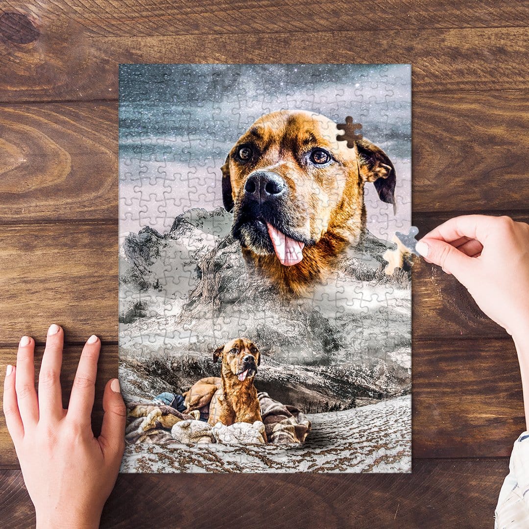 Personalized pet puzzle featuring a brown dog in a snowy mountain landscape, with hands assembling pieces.